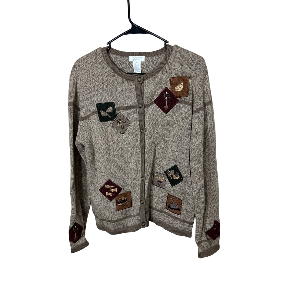 Christopher & Banks Cardigan Sweater 12 Days Of Christmas Embroidered Patchwork‎